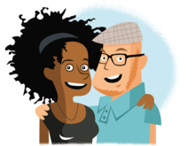Illustration im Comicstil: Ein Man und eine Frau stehen nebeneinander und legen sich gegenseitig einen Arm um die Schulter.